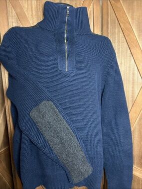 BANANA REPUBLIC Mens Navy Blue 1/4 Zip Knit Sweater Wool-Blend Patches SIZE XL